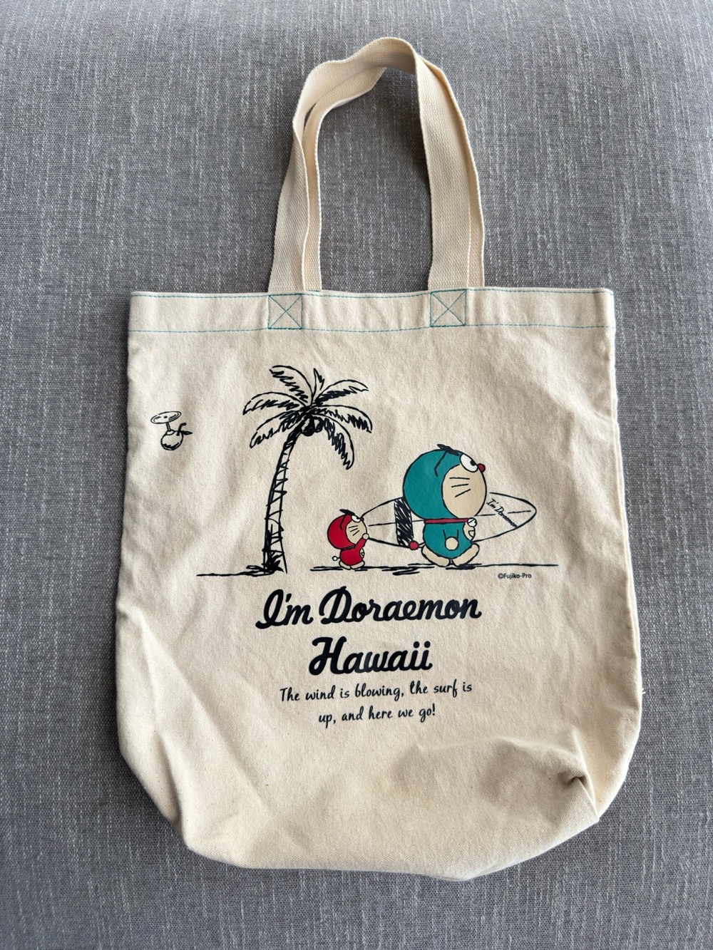 Doraemon Hawaii Canvas Tote Bag in Beige with Teal & Red Print